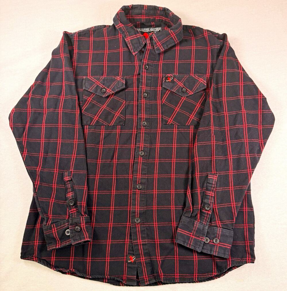 Milwaukee Leather Blackhawk Flannel Shirt Mens XL Black Red Plaid Long Sleeve